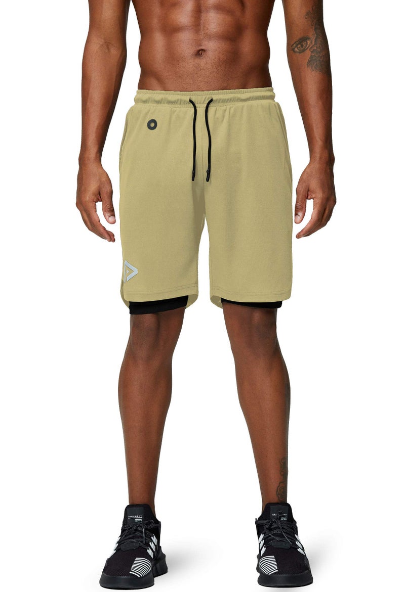 Pinkbomb Men's 2 in 1 Running Shorts Gym Workout Quick Dry Mens Shorts with Phone Pocket (Khaki, Large - Image 3